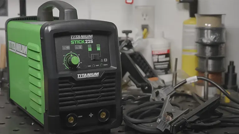 A Titanium Stick 225 welder on a workshop table with cables and clamp, ready for use