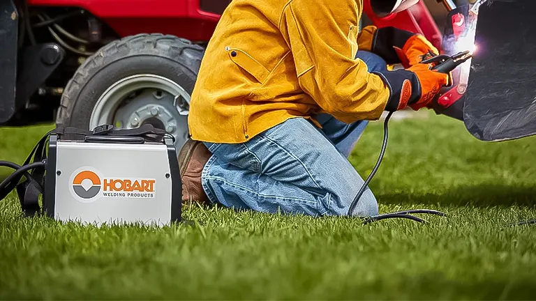 A person in a yellow jacket welding with a Hobart Stickmate welder on the grass