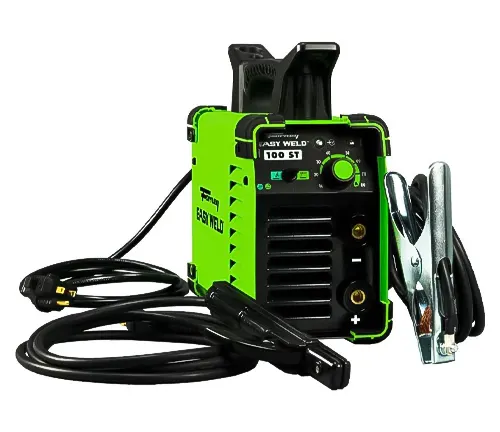 A Forney Easy Weld 100 ST stick welder with power cables and electrode clamp, colored in green and black