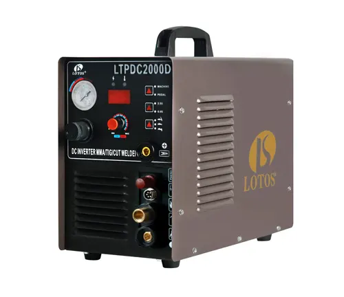 A Lotos LTPDC2000D multiprocess welder with controls and multiple ports on the front panel