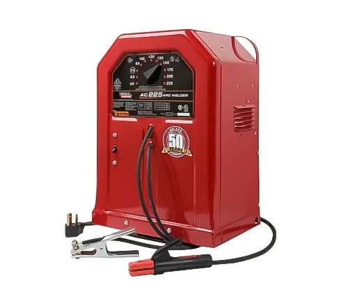 A red LINCOLN ELECTRIC AC225 arc welder with cable and electrode holder
