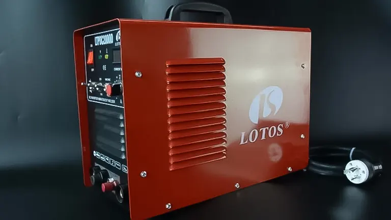 A red Lotos LTPDC2000D multiprocess TIG, stick, and plasma cutter welder on a dark 