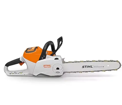 A sleek Stihl chainsaw, emphasizing its compact design and sharp chain for effective cutting