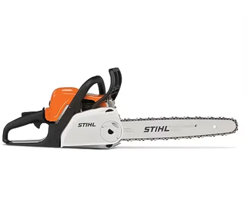 A Stihl chainsaw with distinctive white and orange casing, featuring a sharp, ready-to-use chain
