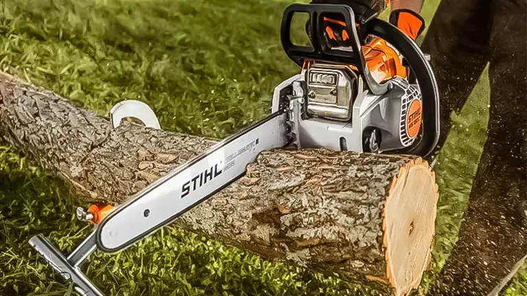 A Stihl chainsaw in action, cutting through a thick log on a grassy background, emphasizing its cutting efficiency