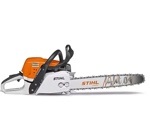 Side view of a Stihl chainsaw with a long bar, highlighting its robust design and sharp chain for effective cutting