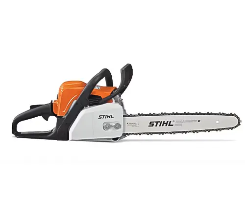 A Stihl chainsaw with an orange and white finish, featuring a clean, sharp chain and a sturdy guide bar