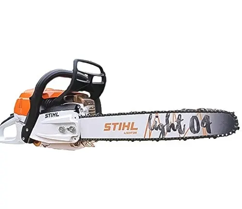 A Stihl chainsaw with a visible brand logo on the guide bar, indicating quality and performance