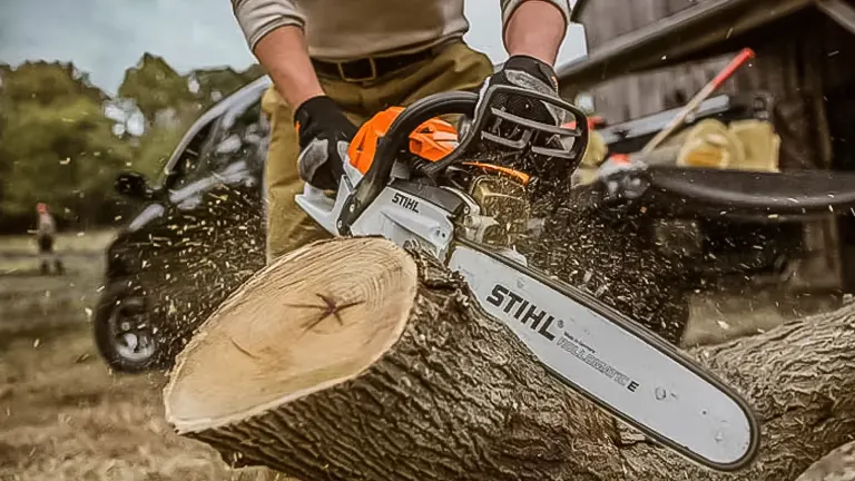 A person cutting through a large log with a Stihl chainsaw, demonstrating its power and efficiency