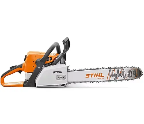 A Stihl chainsaw with a prominent guide bar and sharp chain, ready for efficient cutting tasks