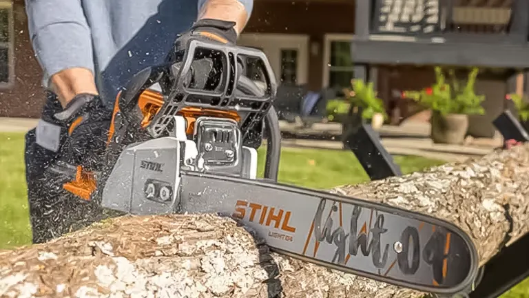 Close-up of a Stihl chainsaw cutting through a log, showcasing its effectiveness and sturdy design