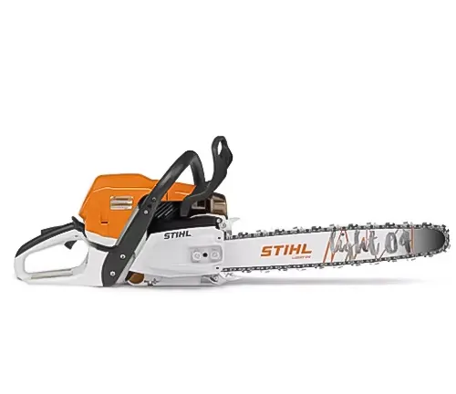A Stihl chainsaw with a long guide bar, showcasing its readiness for efficient and powerful cutting tasks