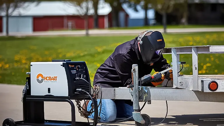 Welder using a Hobart TIG welder outdoors