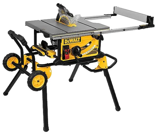 A DeWalt table saw with a yellow and black color scheme, mounted on a stand with wheels