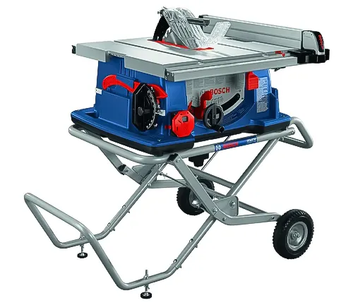 A Bosch portable table saw in blue and red, with a gravity-rise wheeled stand