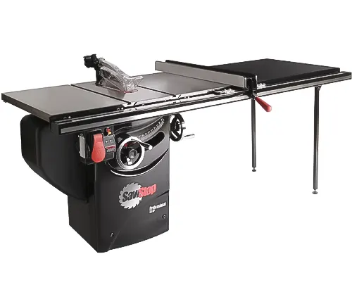 A professional cabinet table saw with extended side tables and a black body