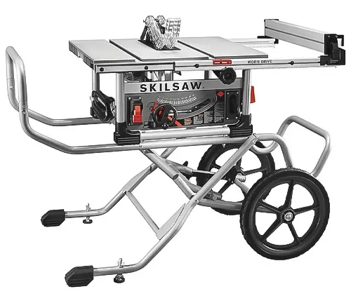 A SKILSAW table saw with a worm drive, mounted on a collapsible wheeled stand