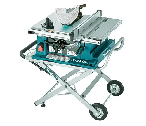A Makita portable table saw in teal and silver, mounted on a collapsible stand with wheels