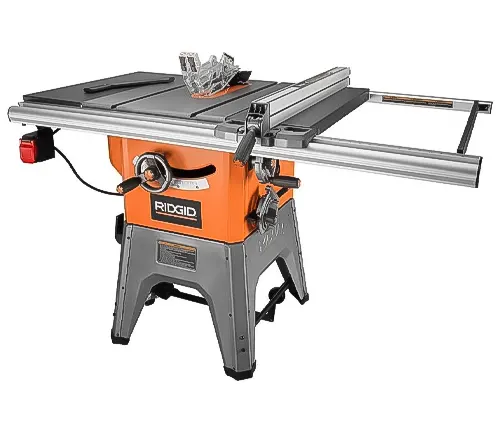 A RIDGID table saw in orange and grey, with a built-in stand and extended fence rail