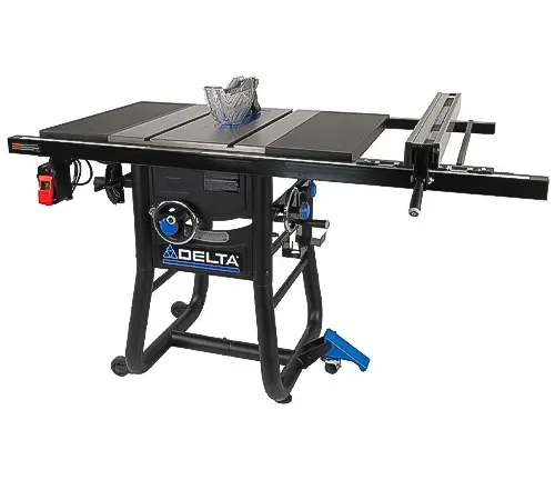 A Delta table saw with a black body, blue controls, and a Biesemeyer fence system