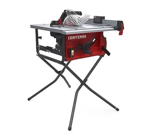 A Craftsman table saw in red and black, on a collapsible X-shaped stand