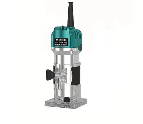 A vertical electric plunge router with a transparent base and adjustment knob, designed for woodworking