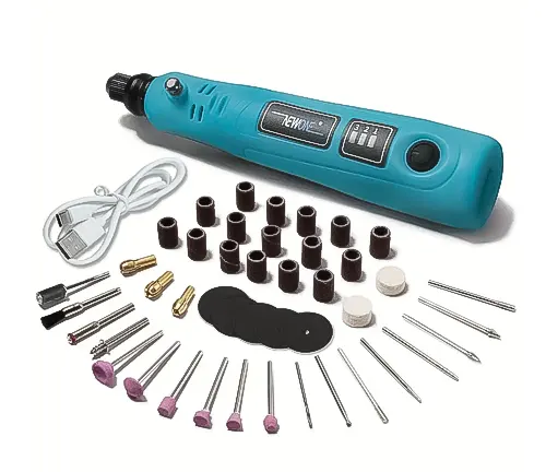 A blue cordless rotary tool with an LCD display, alongside an array of accessories including bits and grinding heads