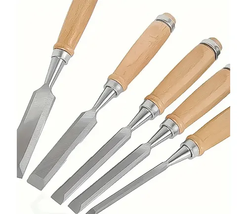 A set of wood chisels with wooden handles and variously shaped steel blades