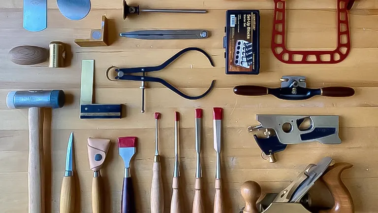 A collection of woodworking tools on a wooden surface, including chisels, a mallet, planes, a saw, and measuring tools