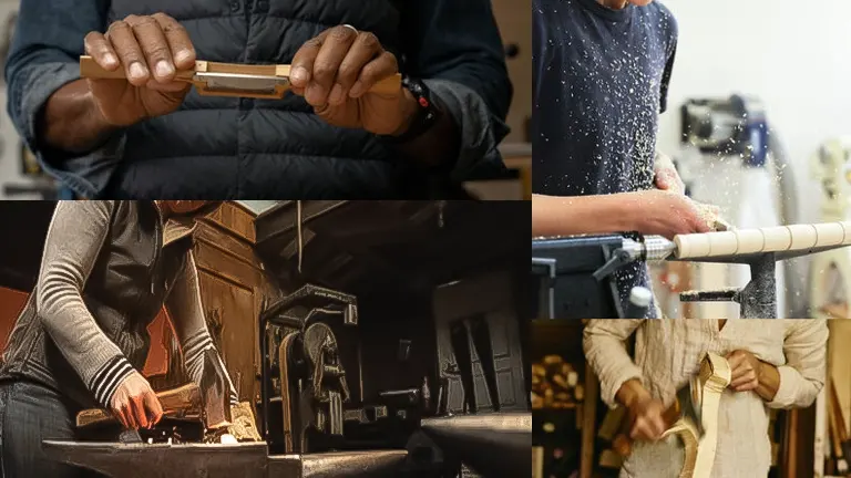 A collage of woodworking activities, showcasing hands using a chisel, lathe work with wood shavings flying, and traditional woodworking tools in a workshop