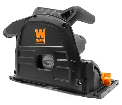 A WEN track saw with orange and black coloring, presented against a white background