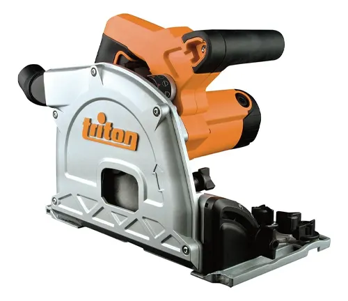 A Triton track saw with distinctive orange and gray coloring, presented against a white backdrop