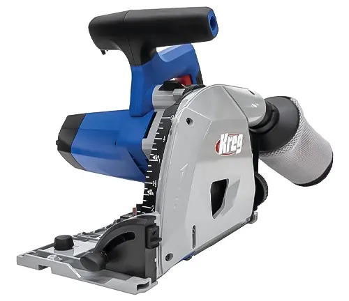 A Kreg track saw with blue handles and a dust collection bag, highlighting efficiency and cleanliness