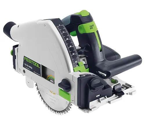 Festool track saw with visible blade and green highlights, suggesting precision equipment for budget-savvy users