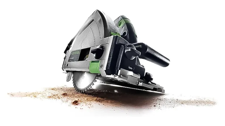 Festool track saw cutting into wood, with sawdust scattering, illustrating high-performance cutting