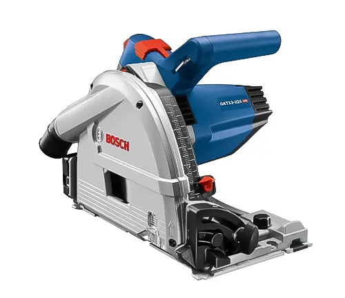 Bosch track saw with blue and red accents, positioned against a white background, highlighting a potential budget-friendly cutting tool