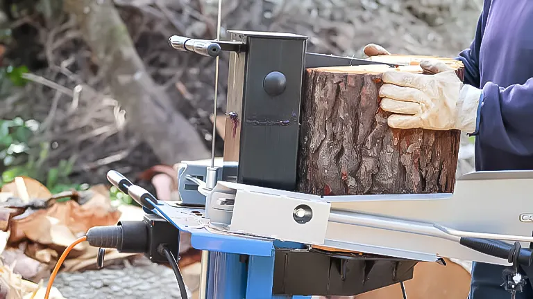 Person using a hydraulic log splitter to split a large log