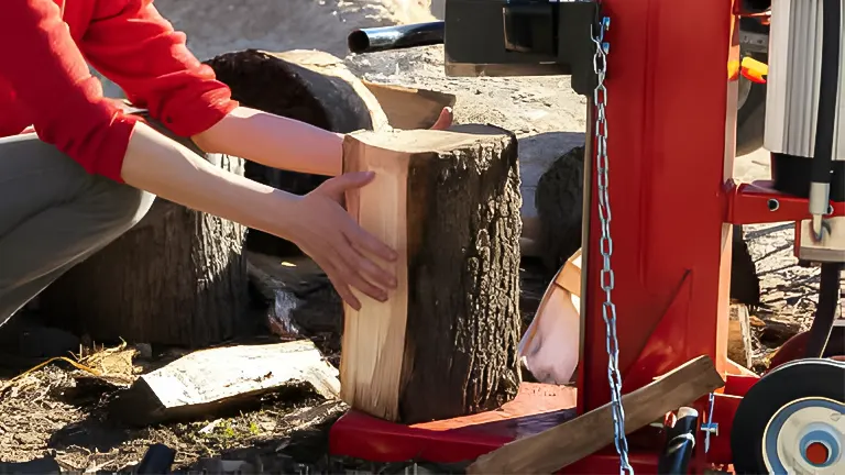 Individual aligning a wood log onto the splitter wedge of a red log splitter for cutting