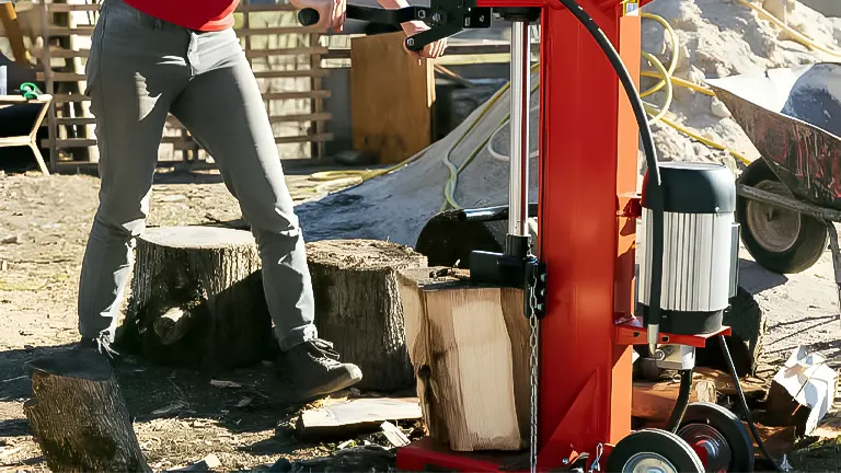 Person using a red hydraulic log splitter to split a large wood log