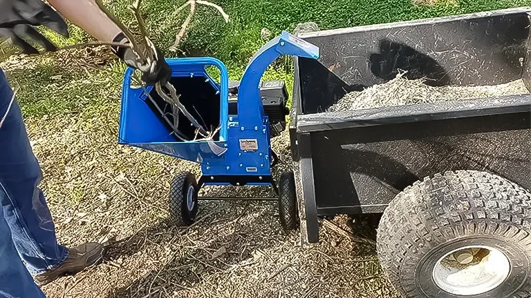 Person operating a blue wood chipper outdoors, processing branches into mulch
