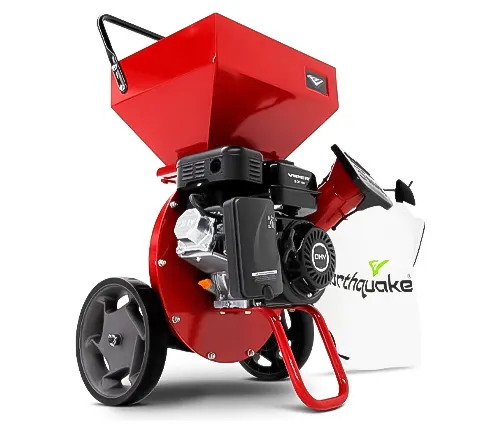 Red and black wood chipper with large funnel and wheels, branded Earthquake