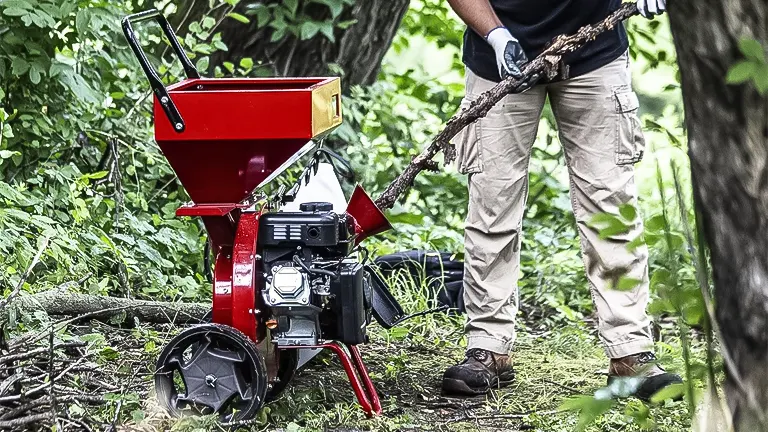 Person operating a red wood chipper in a wooded area