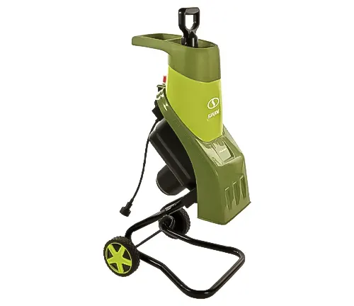 Compact green and black wood chipper with wheels and handle