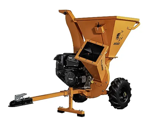 Orange wood chipper with black engine and wheels, equipped for efficient wood chipping