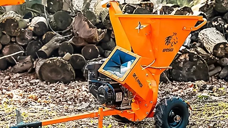 Orange wood chipper with black engine in front of a pile of logs