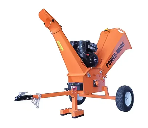 Orange wood chipper with black engine and wheels