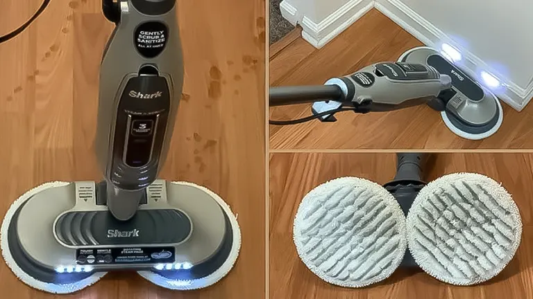 Shark floor cleaner with dual rotating pads and headlights on a hardwood floor, with close-up of the pads