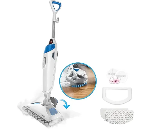 Steam mop with detachable pads and inset showing pad attachment mechanism