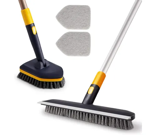 Two-in-one scrub brush and floor squeegee with interchangeable heads