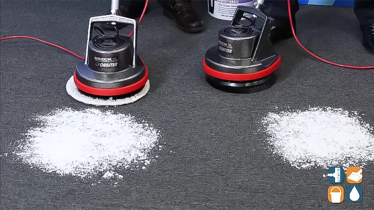 Two Oreck Orbiter floor machines on carpet with cleaning powder before and after demonstration